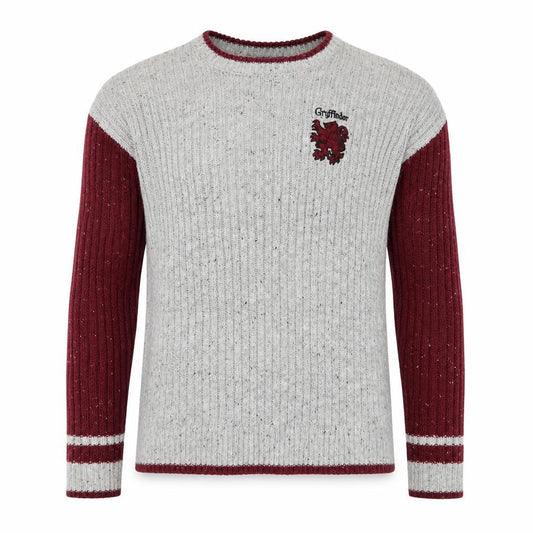 Front view of Harry Potter unisex grey gryffindor knit jumper, size S, crew neck