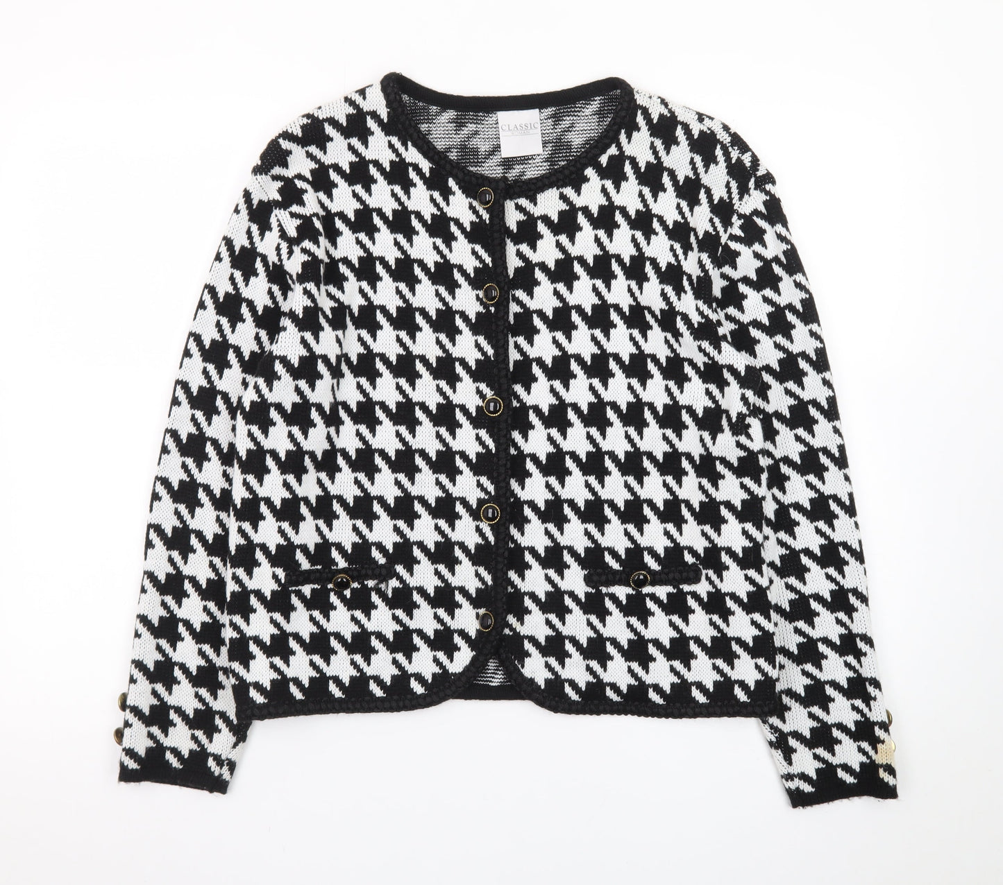 Classic Woman Black & White Houndstooth Cardigan Size 10/12