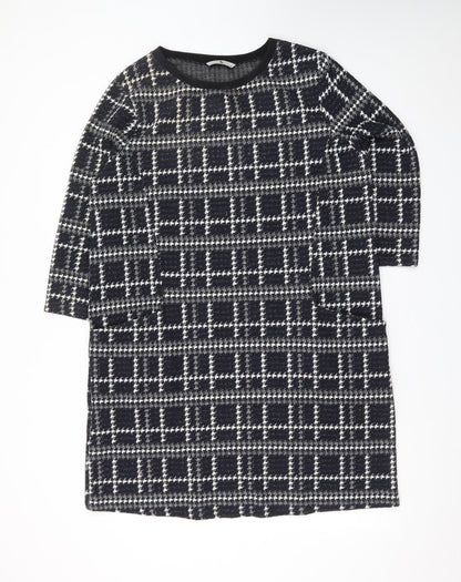Tu Women Black Check Shift Dress Size 16 3/4 Sleeve Knit
