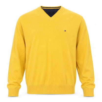 Tommy Hilfiger Men's Yellow Cotton V-Neck Jumper Size S