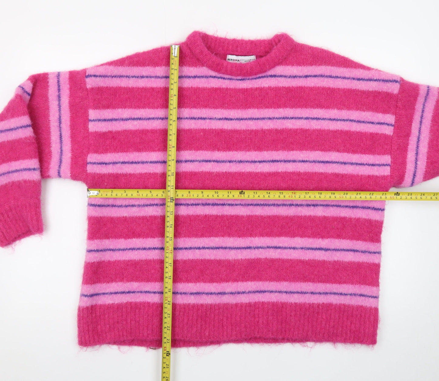 Bershka Women Pink Striped Crew Neck Knit Jumper XS