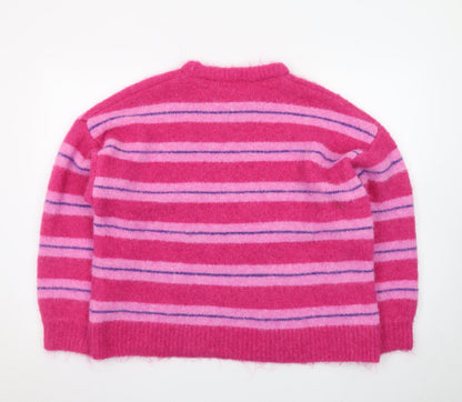 Bershka Women Pink Striped Crew Neck Knit Jumper XS