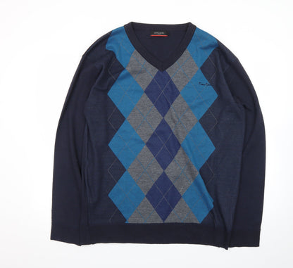 Pierre Cardin Men's Blue Argyle V-Neck Pullover Jumper XL