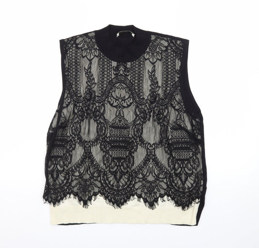 Oasis Womens Black Mock Neck Lace Sleeveless Knit Vest Size 14