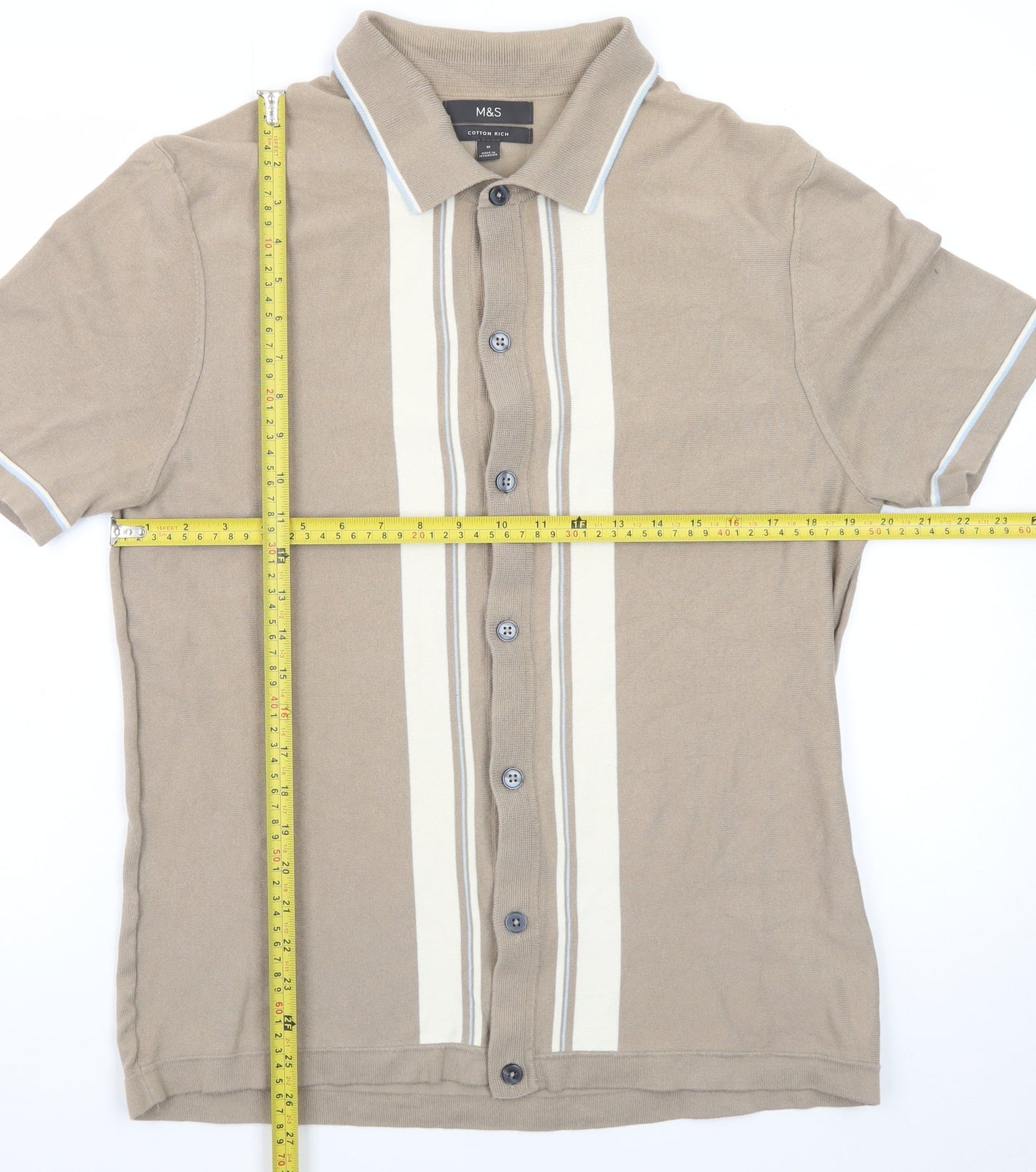 Marks and Spencer Men's Beige Short Sleeve Button-Up Polo Shirt Size M Cotton Rich