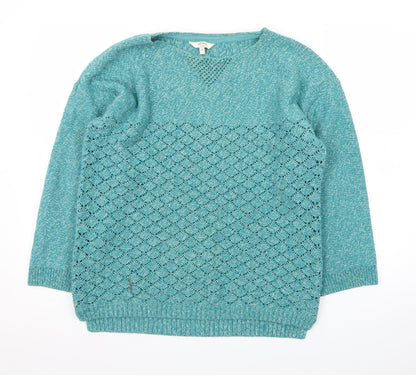FatFace Women Green Size 18 Open Knit Cotton Blend Pullover Jumper