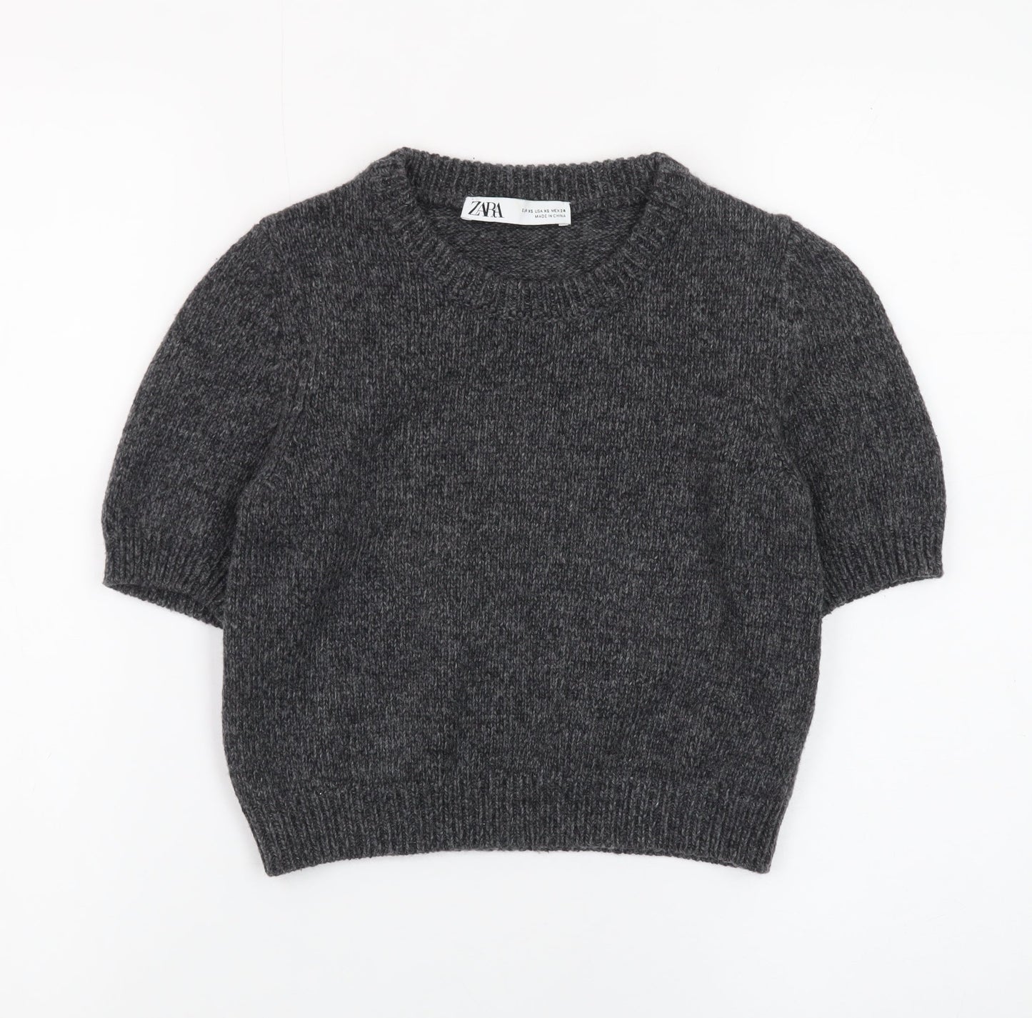 Zara Women Grey Wool Blend Short Sleeve Crew Neck Jumper XS