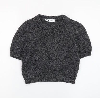 Zara Women Grey Wool Blend Short Sleeve Crew Neck Jumper XS