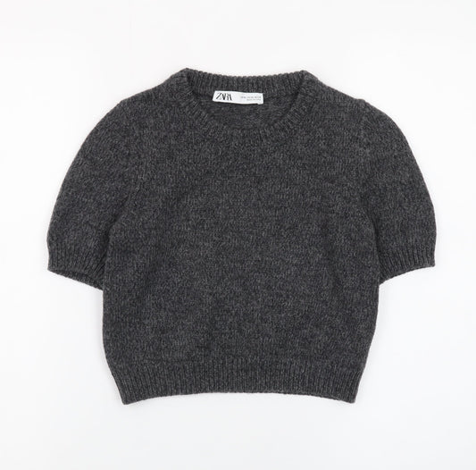Zara Women Grey Wool Blend Short Sleeve Crew Neck Jumper XS