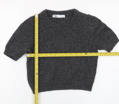Zara Women Grey Wool Blend Short Sleeve Crew Neck Jumper XS