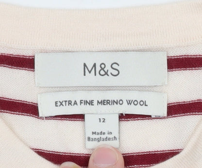 Marks and Spencer Women Red Stripe Merino Wool Jumper Size 12