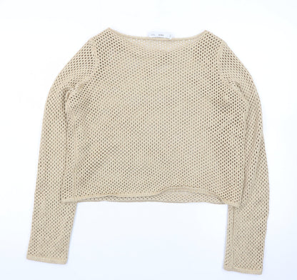 Mango Women Beige Open-Knit Cotton Blend Pullover Jumper Size S