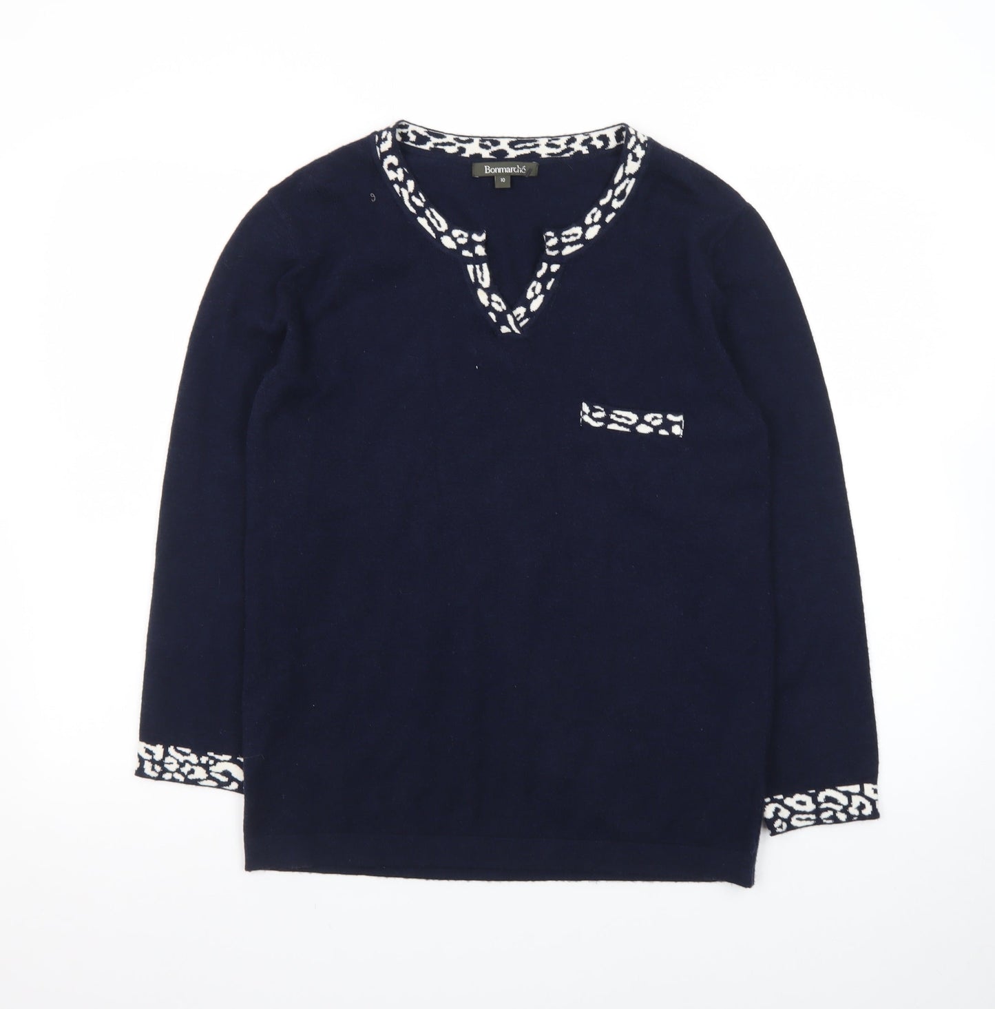 Bonmarché Women’s Blue Animal Trim V-Neck Jumper Size 10