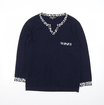 Bonmarché Women’s Blue Animal Trim V-Neck Jumper Size 10
