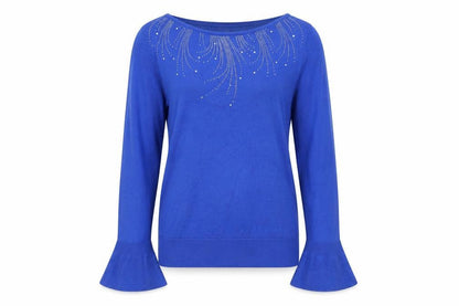Monsoon Women's Blue Rhinestone Bell Sleeve Pullover Jumper Size S