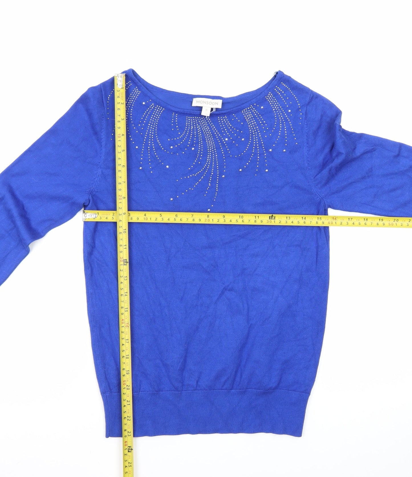 Monsoon Women's Blue Rhinestone Bell Sleeve Pullover Jumper Size S