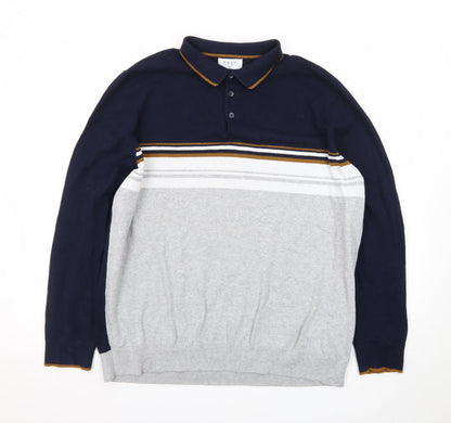 EASY Men's Blue & Grey Striped Collared Pullover Jumper XL