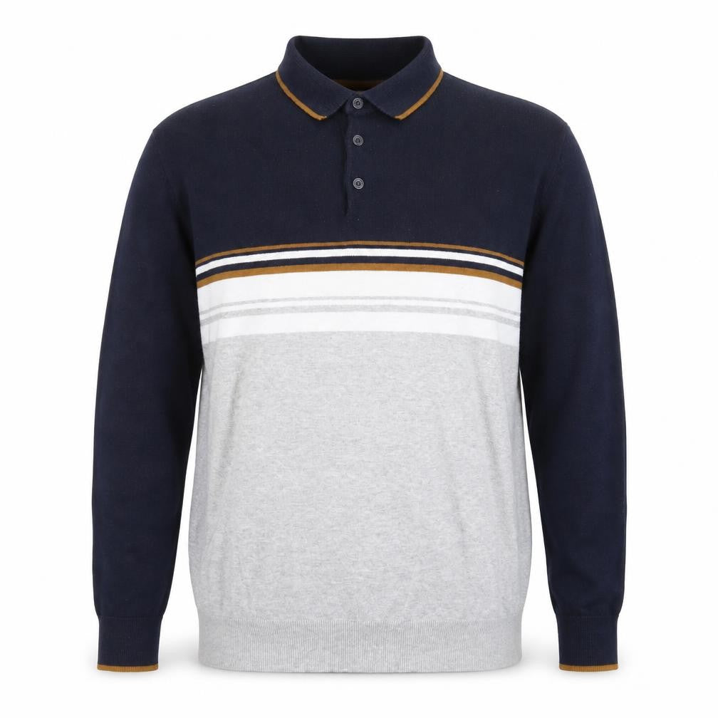 Easy Men's Blue & Grey Striped Collared Pullover Jumper XL