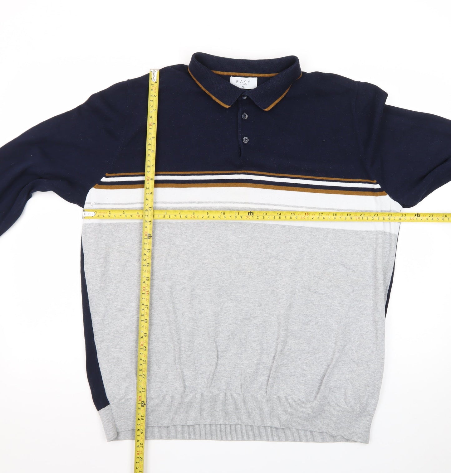 EASY Men's Blue & Grey Striped Collared Pullover Jumper XL