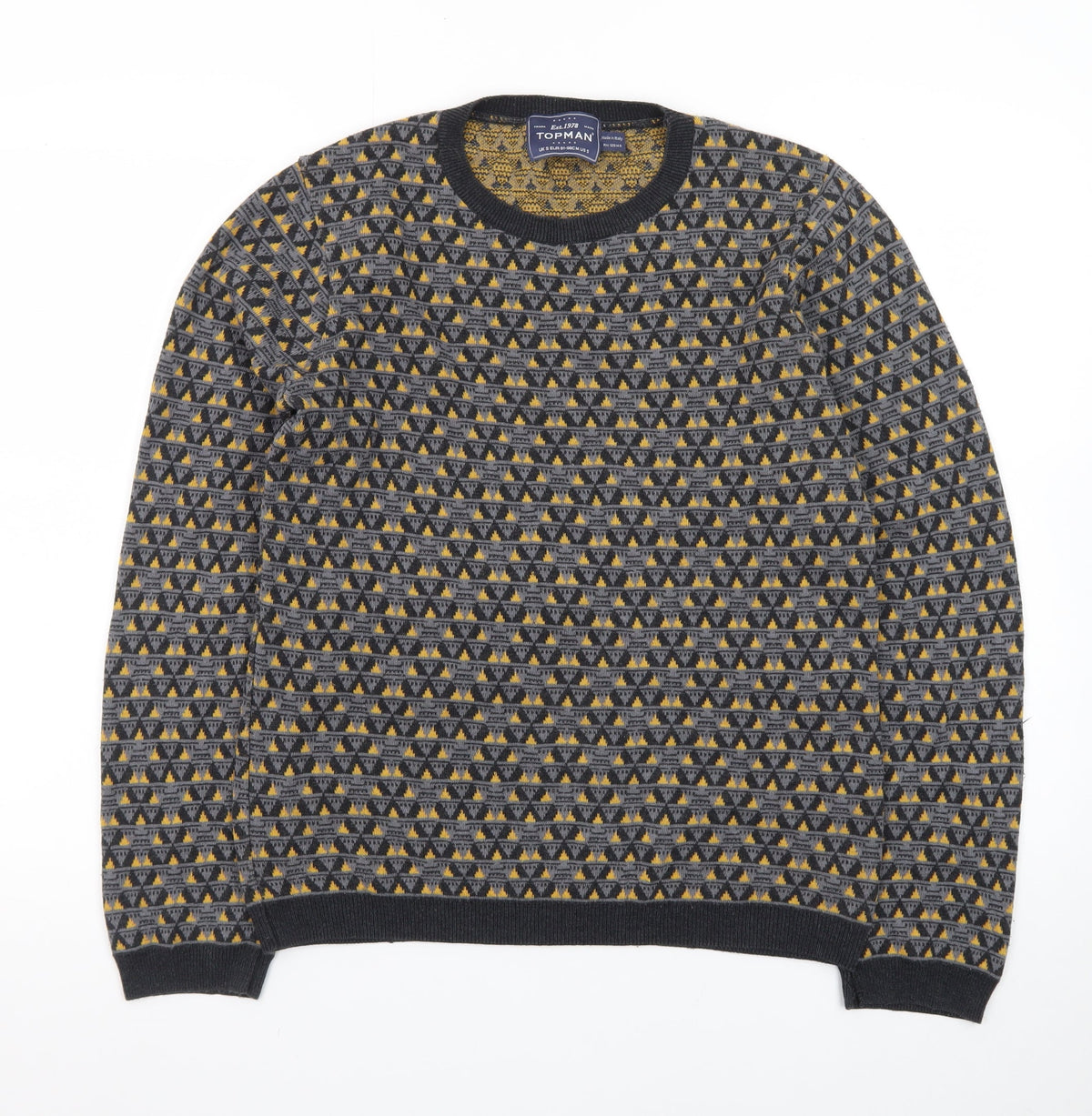 Topman Men's Grey Geometric Knit Crew Neck Pullover Jumper Size S