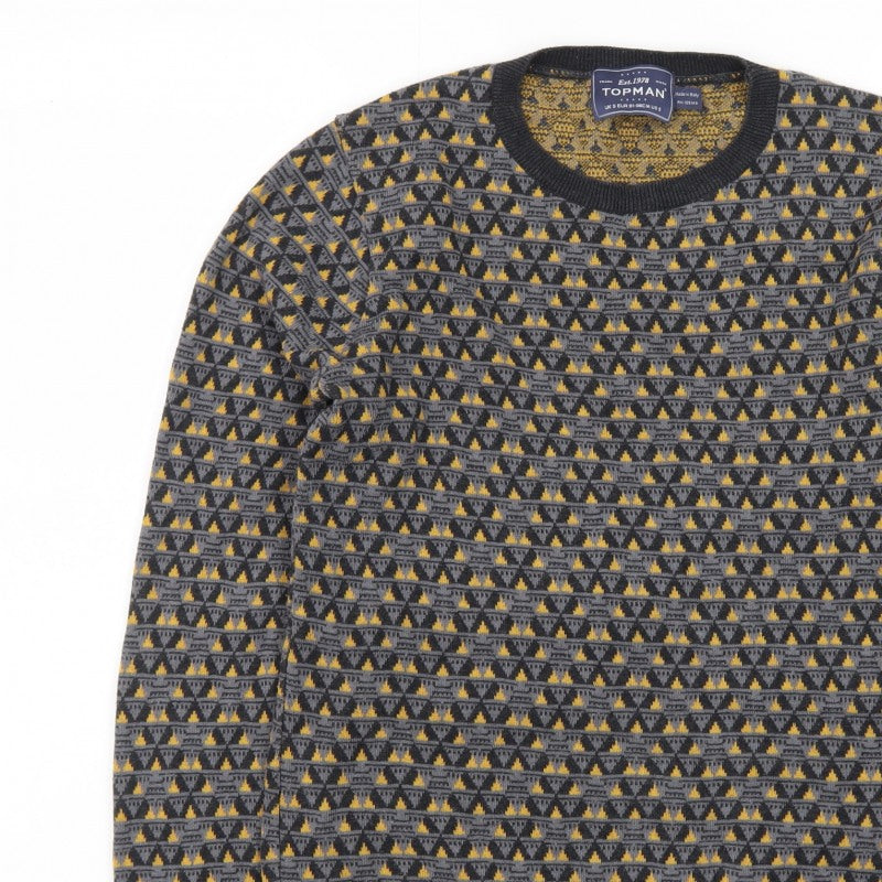 Topman Men's Grey Geometric Knit Crew Neck Pullover Jumper Size S