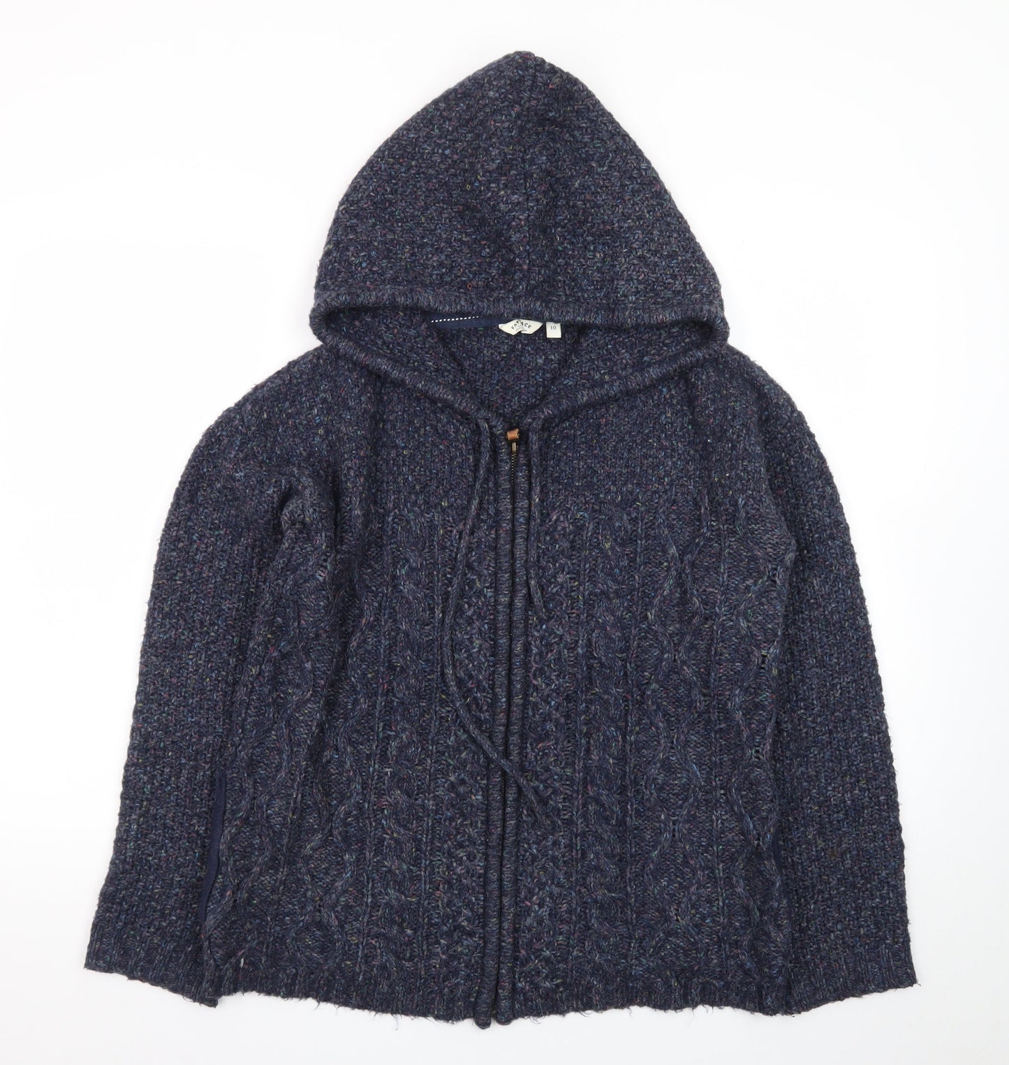 FatFace Women's Blue Wool Blend Hooded Cable Knit Zip Jumper Size 10