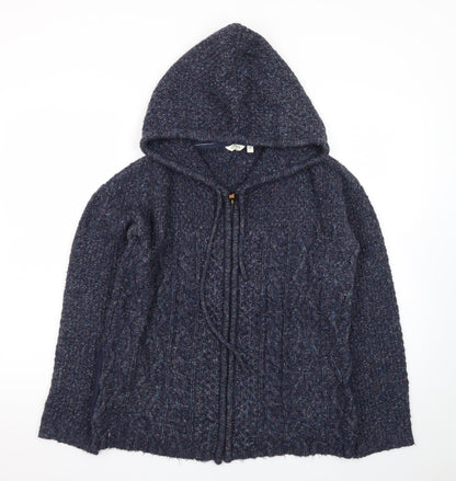 FatFace Women's Blue Wool Blend Hooded Cable Knit Zip Jumper Size 10