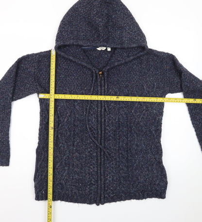 FatFace Women's Blue Wool Blend Hooded Cable Knit Zip Jumper Size 10