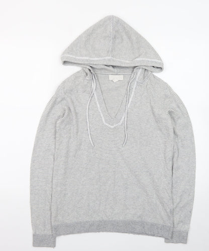 The White Company Womens Grey XS Striped V-Neck Hooded Cotton Jumper