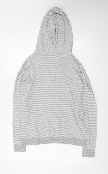 The White Company Womens Grey XS Striped V-Neck Hooded Cotton Jumper