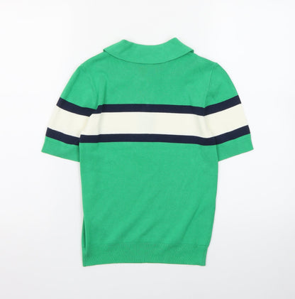 Marks and Spencer Women’s Green Striped Collared Henley Jumper XS