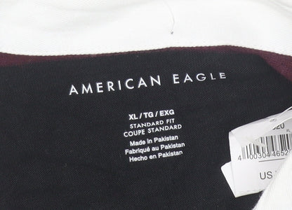 American Eagle Men’s XL Burgundy Black Striped Long Sleeve Polo Shirt