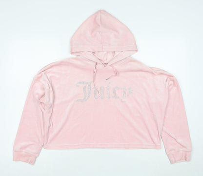 Juicy Couture Women Pink Velour Hooded Pullover Hoodie L Rhinestone Logo
