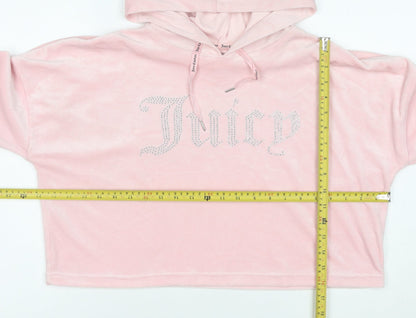 Juicy Couture Women Pink Velour Hooded Pullover Hoodie L Rhinestone Logo