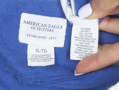 American Eagle Outfitters Men's Blue & Ivory Striped Long Sleeve Polo XL