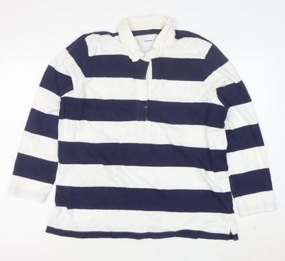 Old Navy Women's Blue White Striped Polo Shirt XL Long Sleeve Cotton