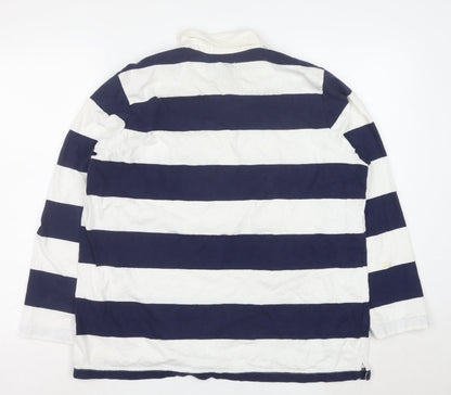 Old Navy Women's Blue White Striped Polo Shirt XL Long Sleeve Cotton