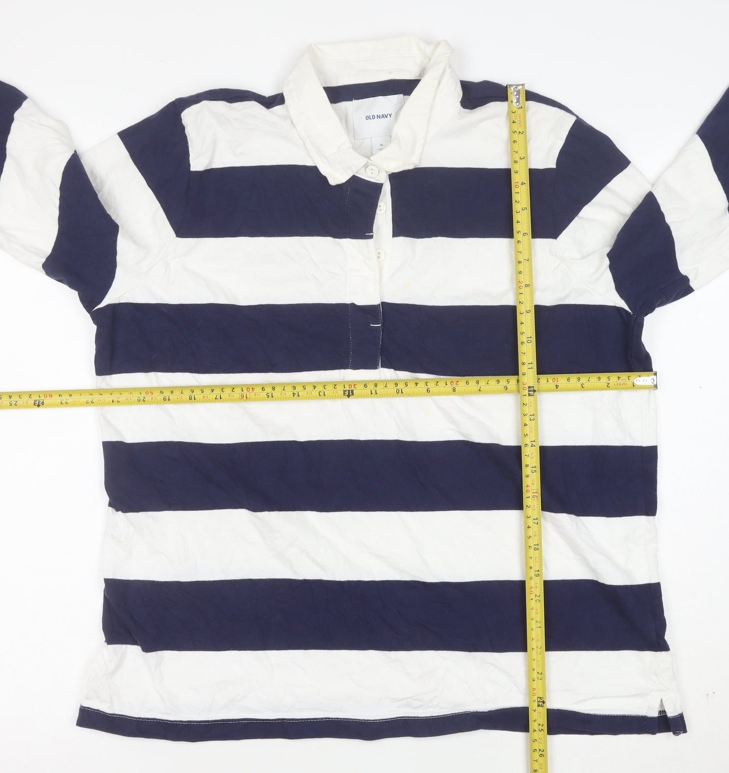 Old Navy Women's Blue White Striped Polo Shirt XL Long Sleeve Cotton