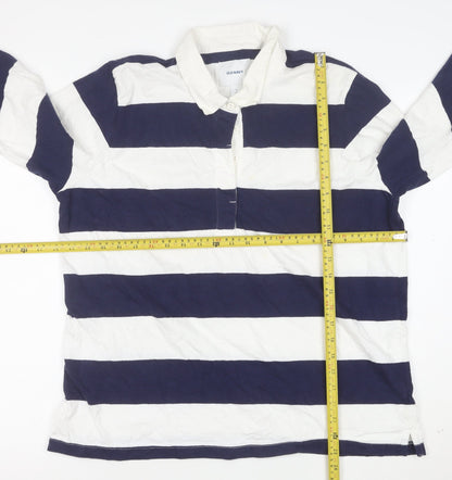 Old Navy Women's Blue White Striped Polo Shirt XL Long Sleeve Cotton