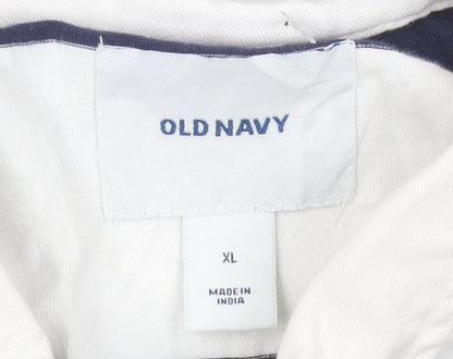 Old Navy Women's Blue White Striped Polo Shirt XL Long Sleeve Cotton