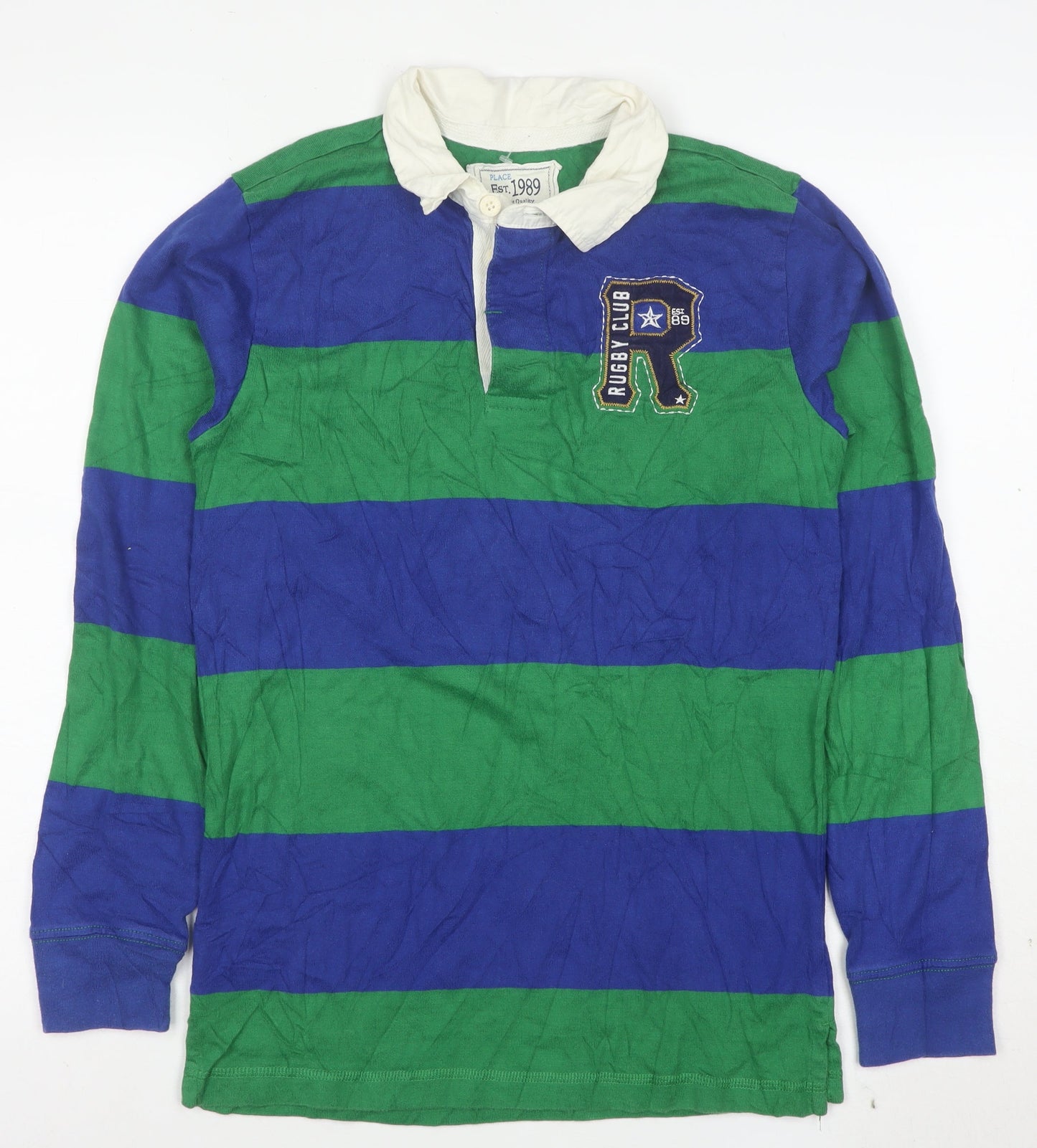 PLACE Mens Blue Green Striped Rugby Polo Shirt XL Long Sleeve Cotton