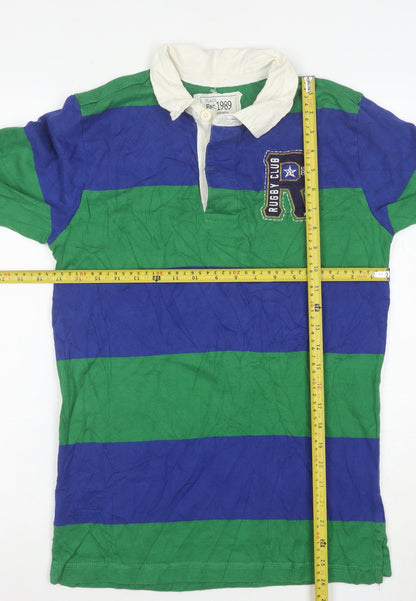 PLACE Mens Blue Green Striped Rugby Polo Shirt XL Long Sleeve Cotton