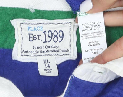 PLACE Mens Blue Green Striped Rugby Polo Shirt XL Long Sleeve Cotton