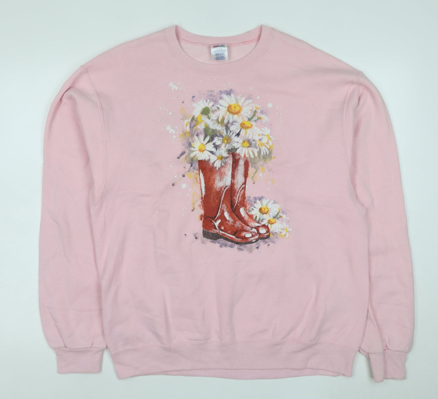Jerzees Women's Pink Floral Cowboy Boots Graphic Sweatshirt L