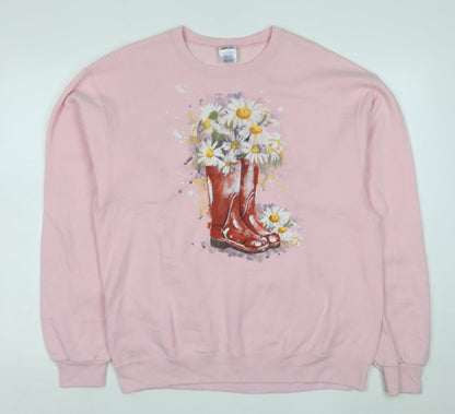 Jerzees Women's Pink Floral Cowboy Boots Graphic Sweatshirt L