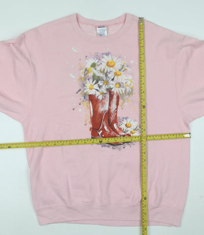 Jerzees Women's Pink Floral Cowboy Boots Graphic Sweatshirt L