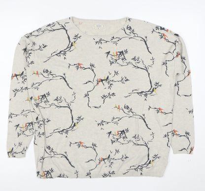 Fat Face Women's Beige Bird Print Cotton Jumper Size 14
