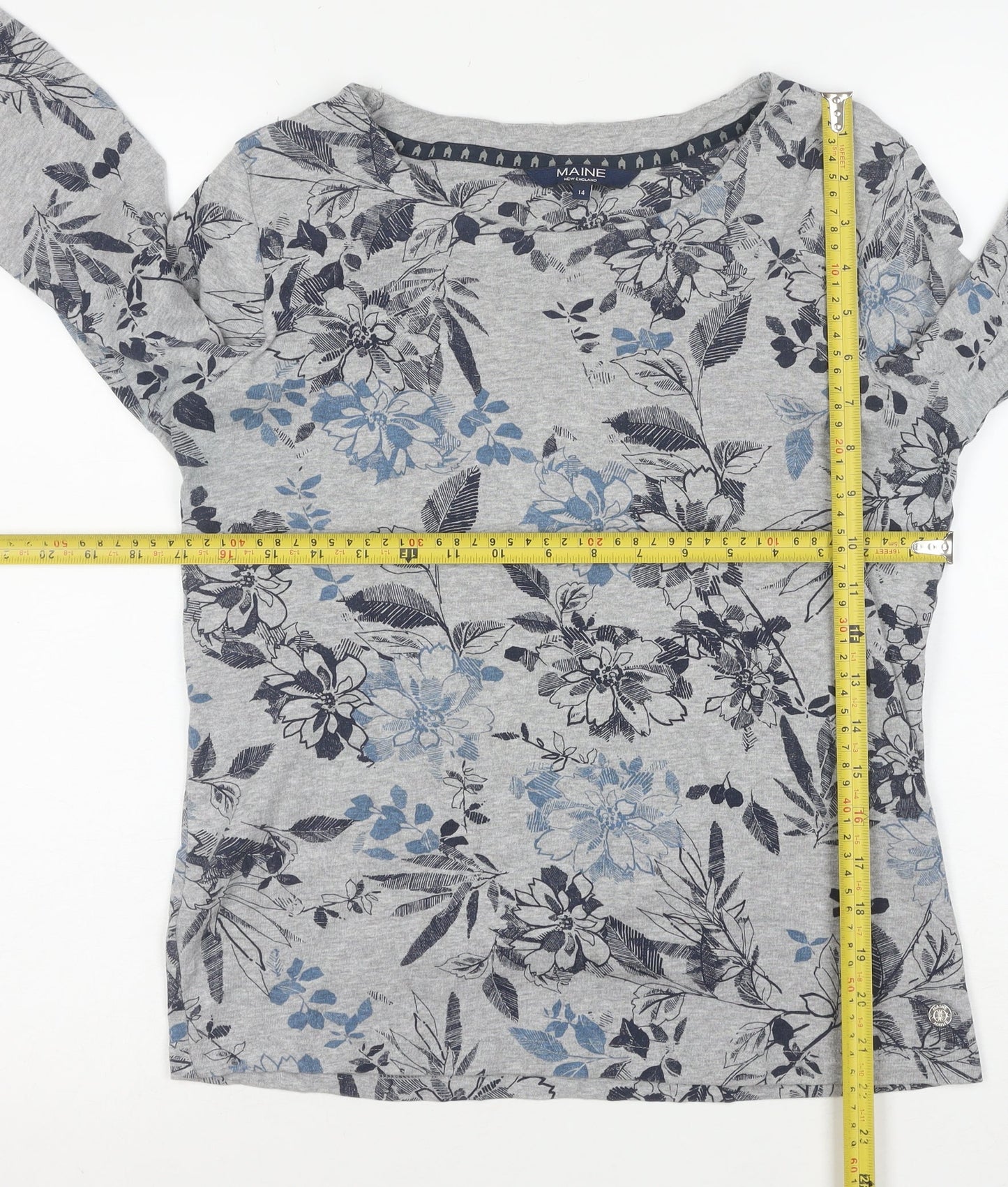Maine New England Womens Grey Floral 3/4 Sleeve Jersey Top Size 14