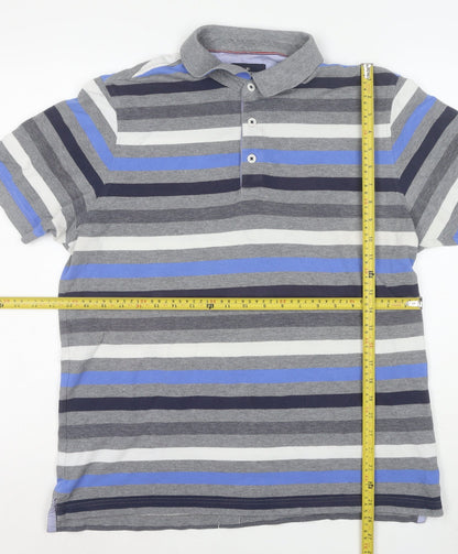 Marks and Spencer Men's Multicoloured Striped Cotton Polo Shirt L