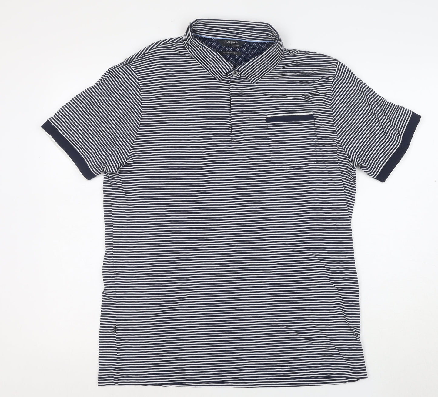 Marks and Spencer Autograph Men's Blue Striped Cotton Polo Shirt L
